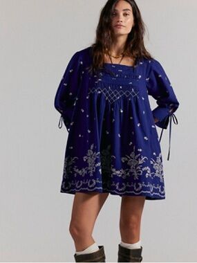 Free People Navy Blue Embroidered Sonora Printed Mini Dress